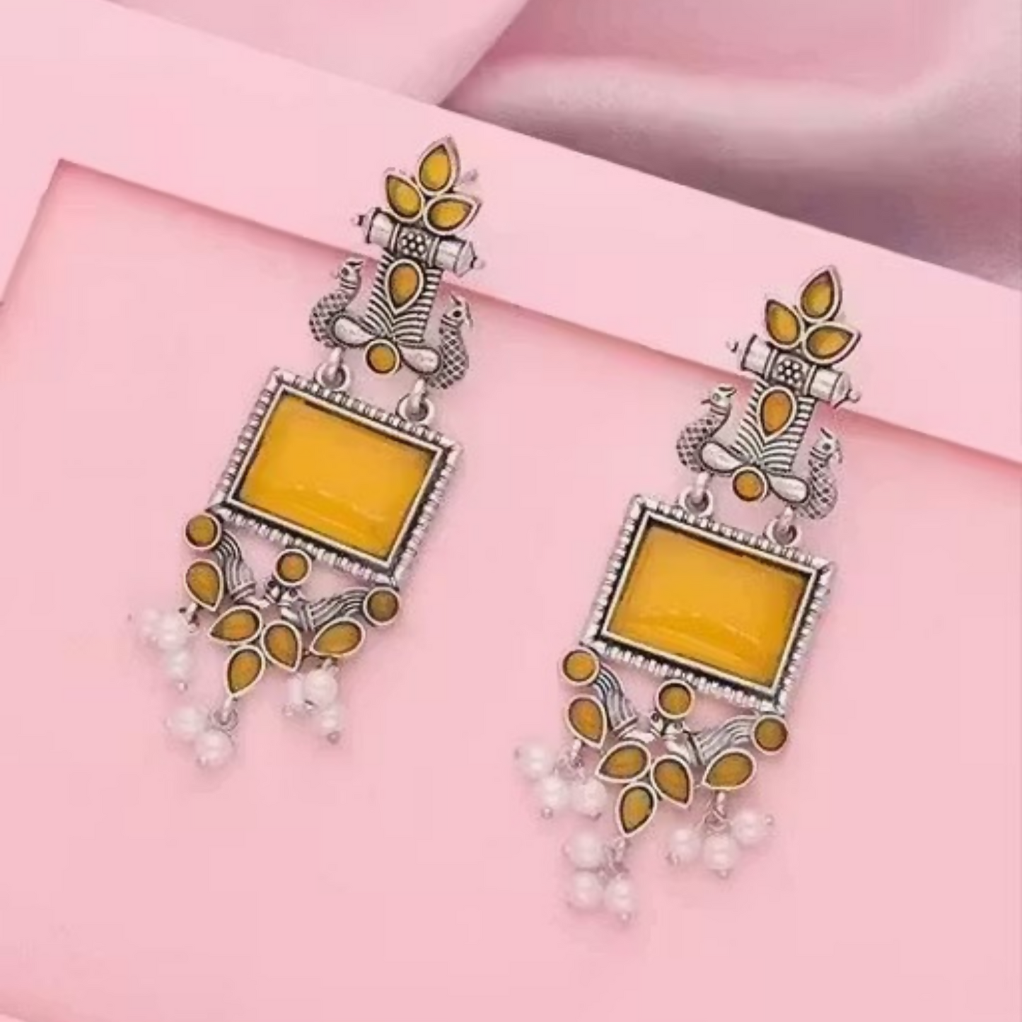 Traditional Oxidized Silver Yellow Stone Pearl Drop Earrings