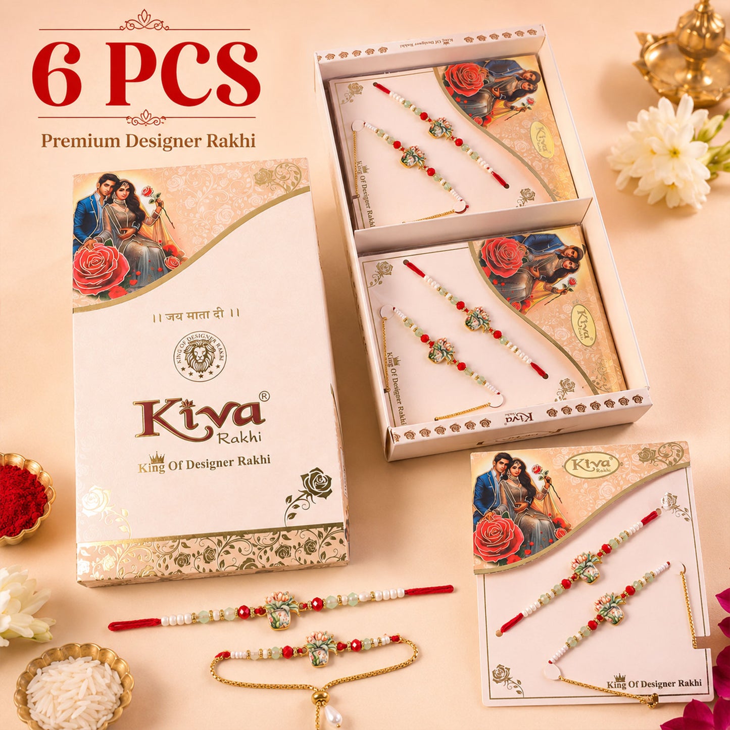Designer Floral Bhaiya Bhabhi Rakhi Set with Pearl Beads and Lumba Bracelet