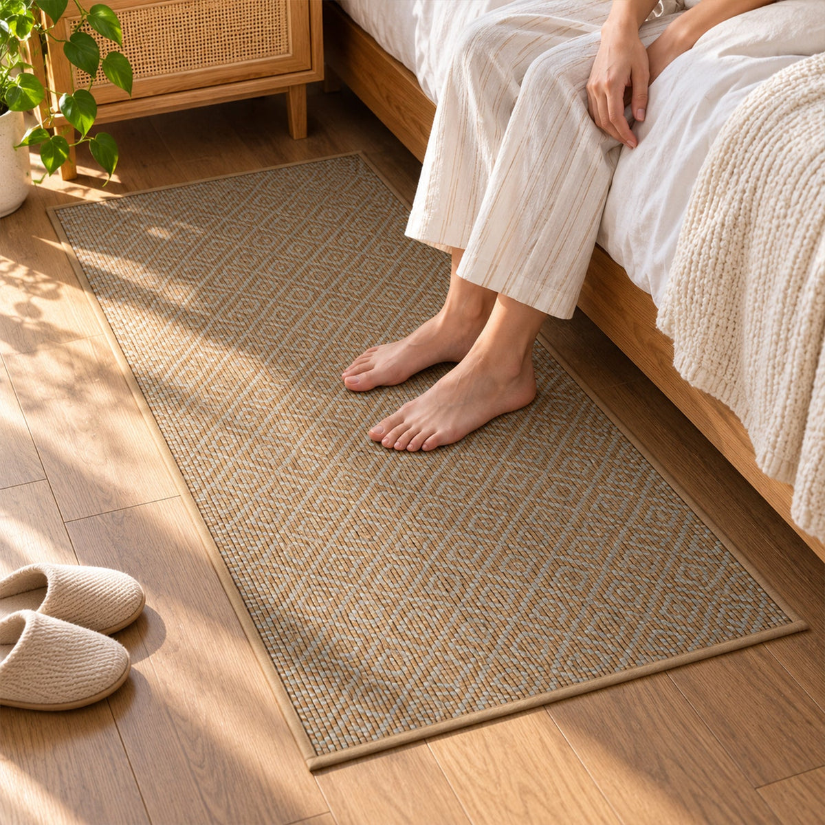 Bare feet rest on a textured brown runner mat with a diamond pattern beside a bed in a bedroom setting.