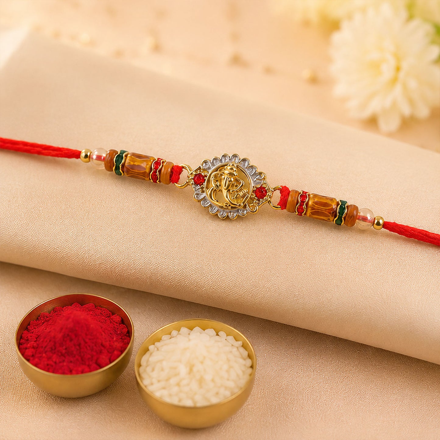 Ganesha Silver Ring Devotional Rakhi with Circular Centre and Red Green Beads