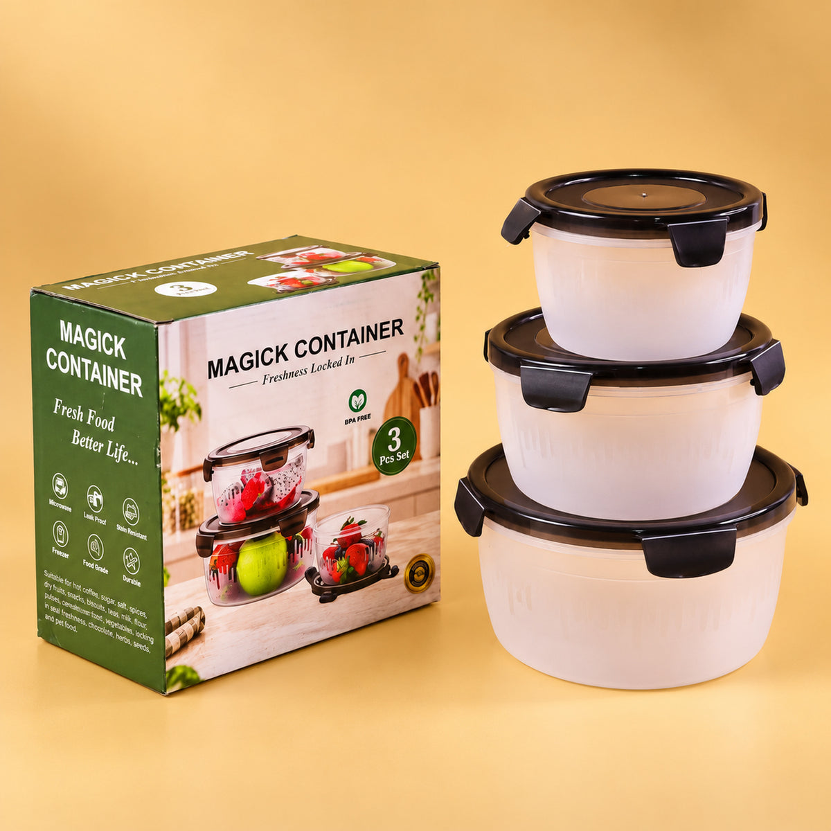 Magick Round Food Storage Containers with Clip-On Lids in Three Sizes (3 Pc)