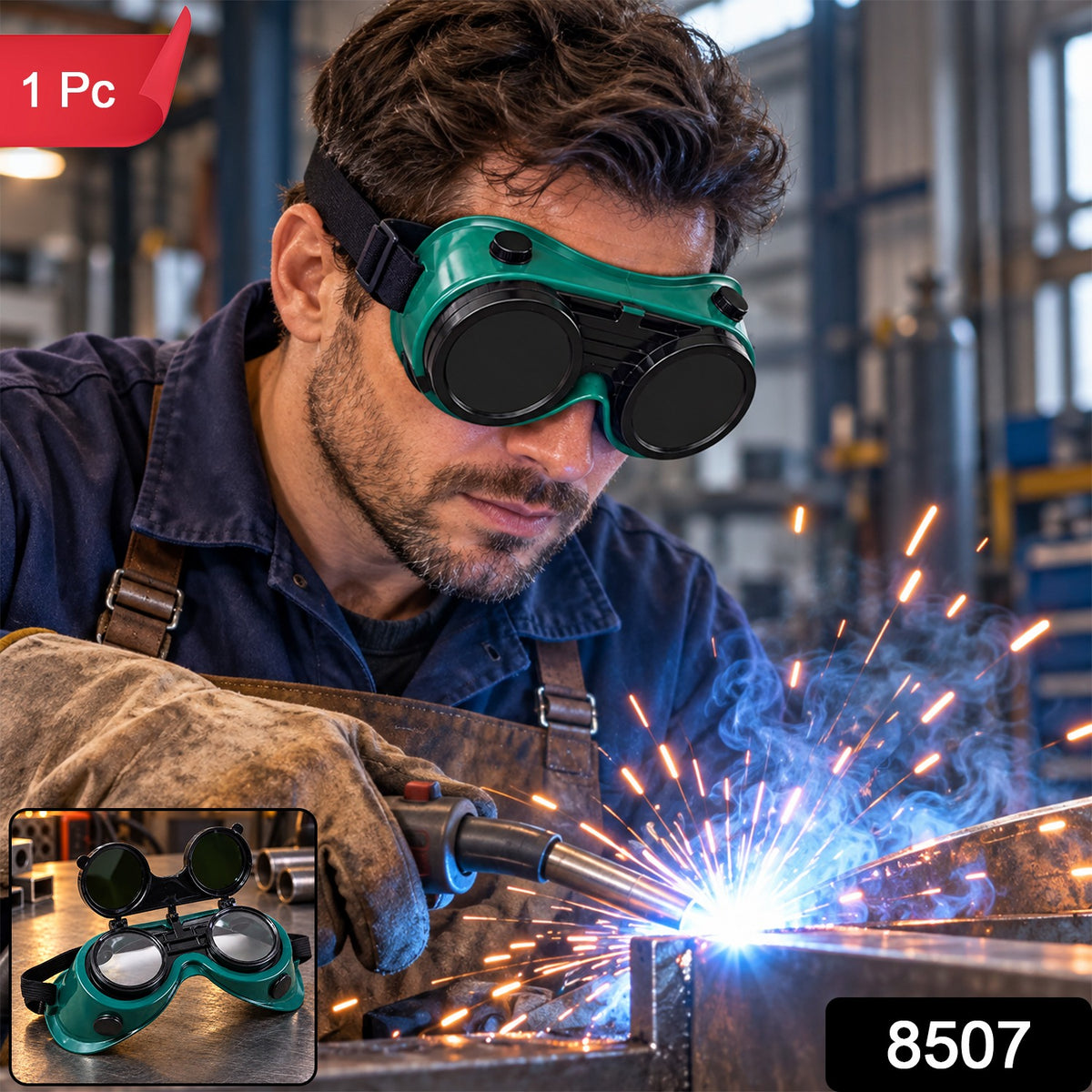 A man in green welding goggles and apron, welding metal, with an inset showing the goggles.