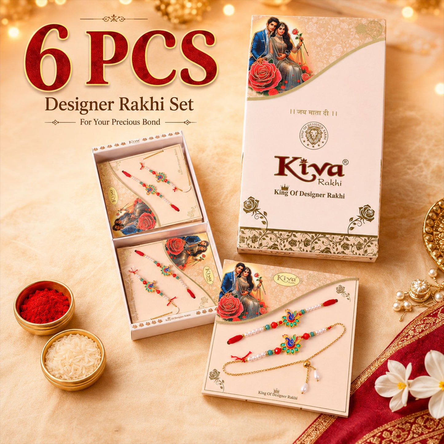 Bhaiya Bhabhi Peacock Meenakari Rakhi & Pearl Drop Lumba Combo