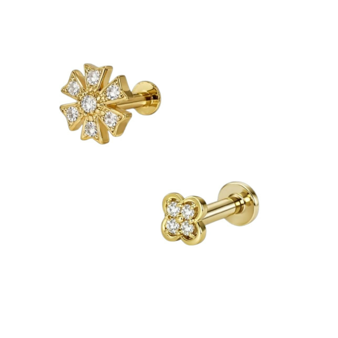 Pair of elegant gold plated flower nosepins for nose piercings or ear cartilage