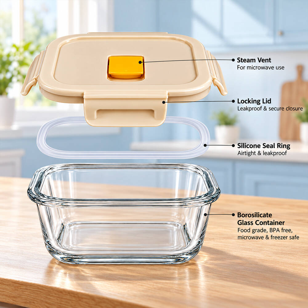 Borosilicate Glass Food Storage Container with Clip-Lock Lid (320 ml, 1 Pc)