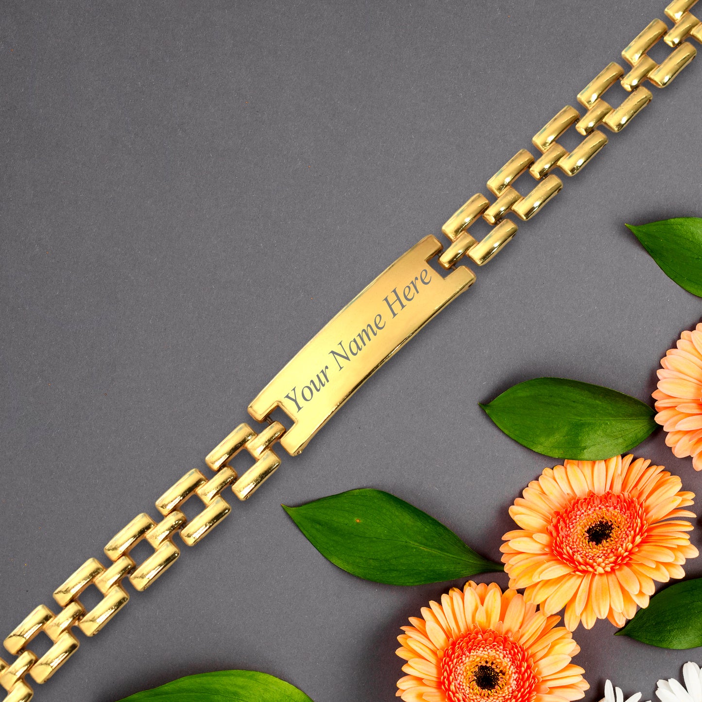 Detailed view of the custom engraving on a comfortable plate bracelet.