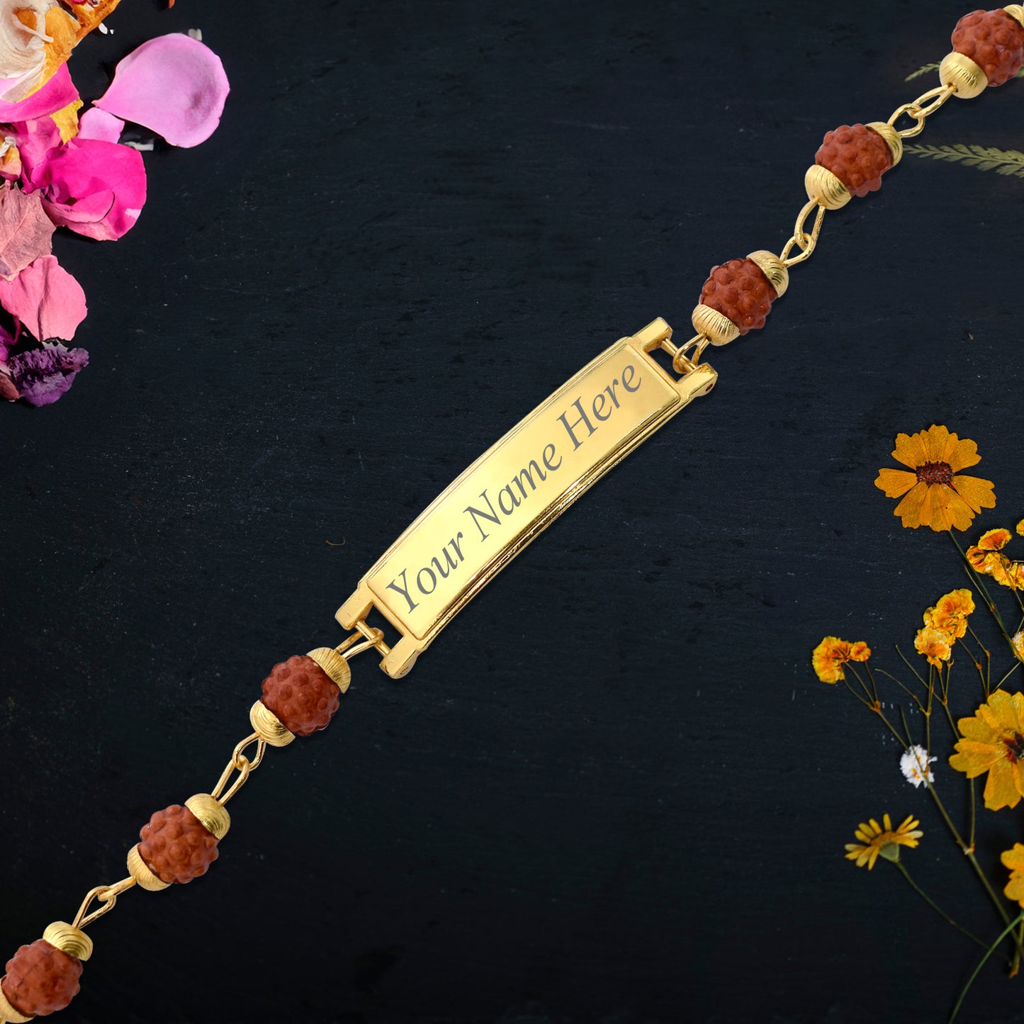 Side angle of an Engraved Rudraksh Bracelet, showing the quality craftsmanship and adjustable fit.