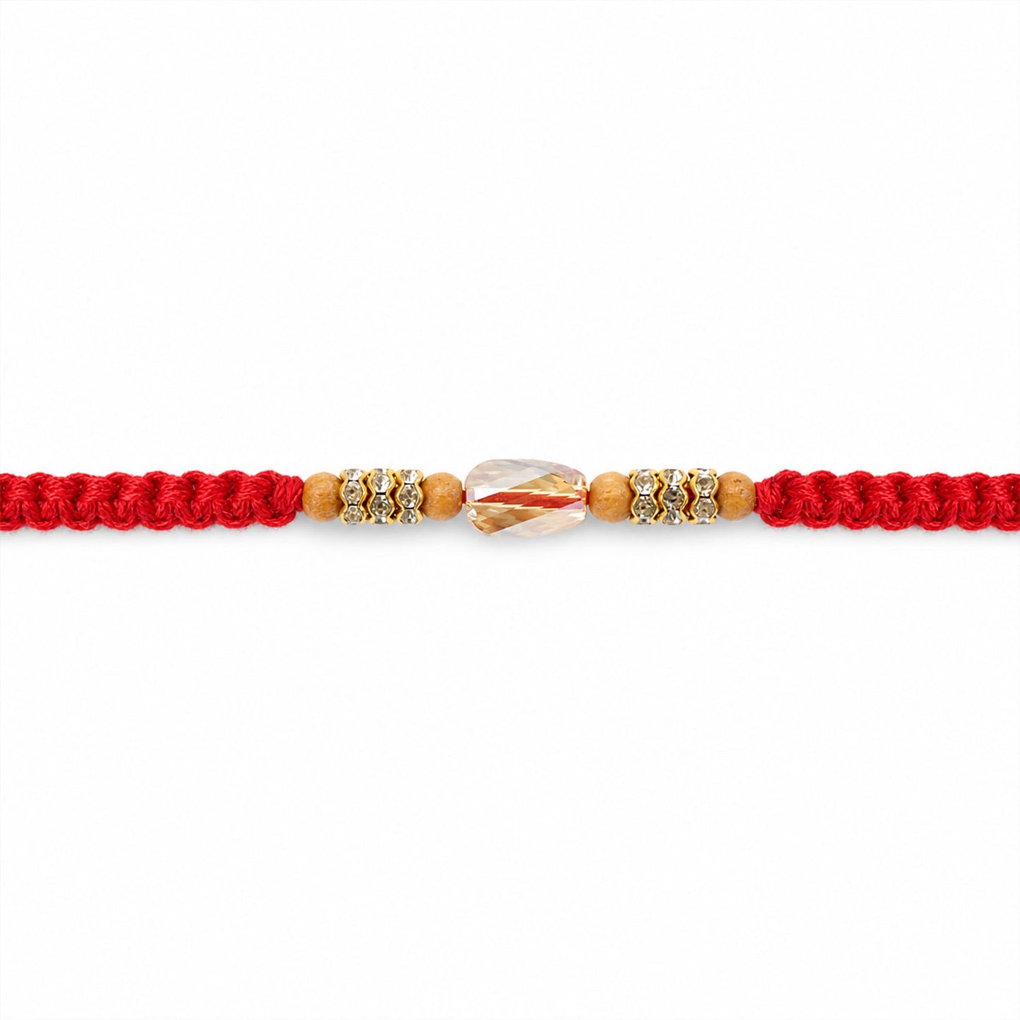 Red Thread Rakhi with Wooden Beads and a Sparkling Crystal Accent