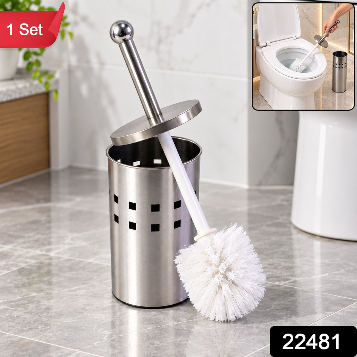 Steel Toilet Brush Holder Set for Bathroom, Covered Toilet Cleaner Stand (1 Set)