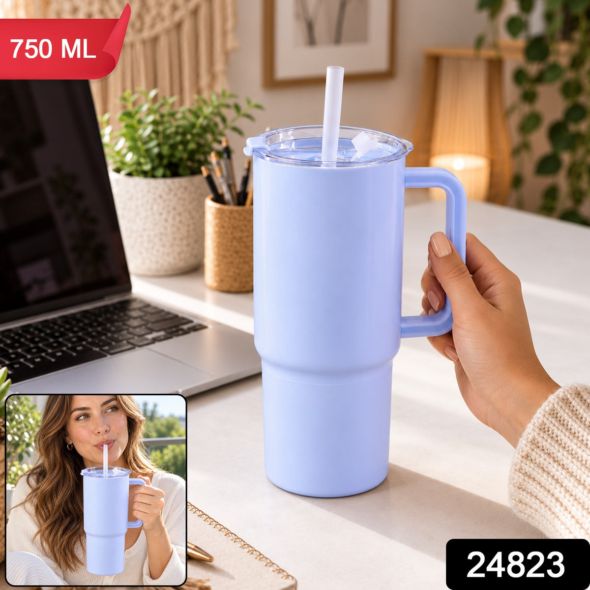 750 ml Travel Tumbler with Straw and Handle, Cup Holder Friendly Sipper (1 Pc)
