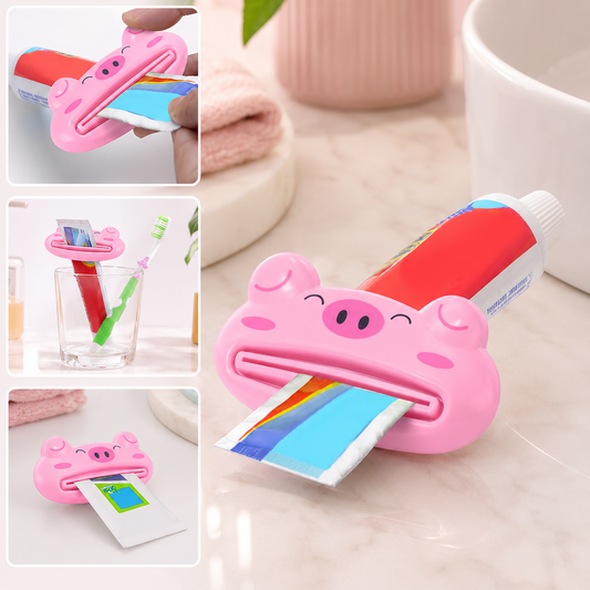 A pink pig-shaped toothpaste squeezer with a red and blue toothpaste tube being inserted, next to two smaller inset images