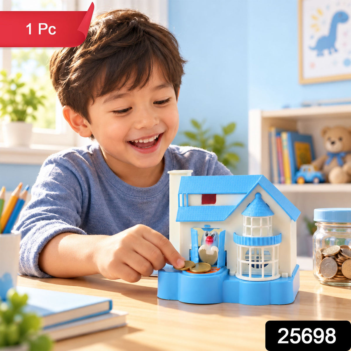 A happy child interacts with the blue and white house bank, placing a coin into the slot.