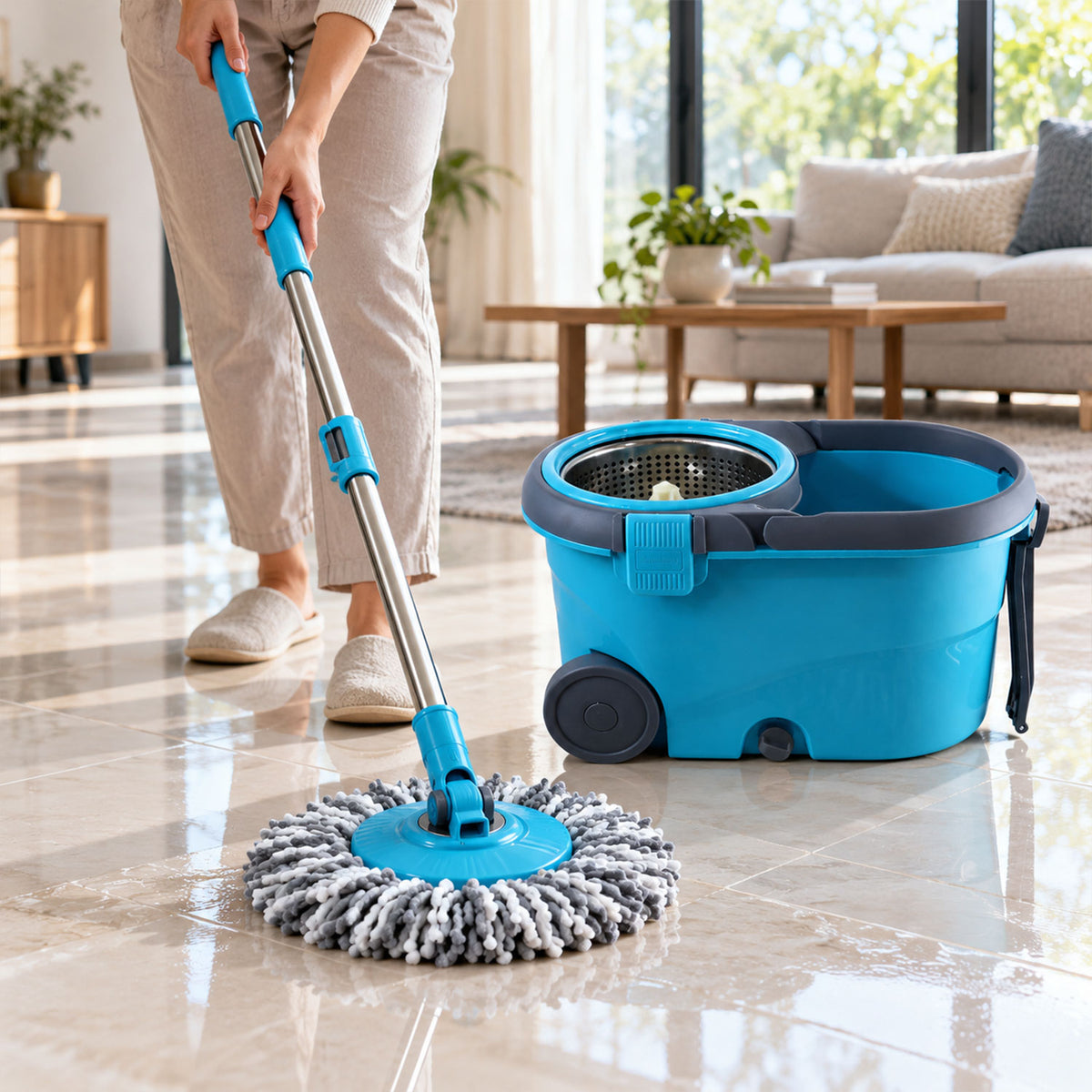 Spin Mop Bucket Set with Steel Wringer, Wheels and 2 Microfiber Refills