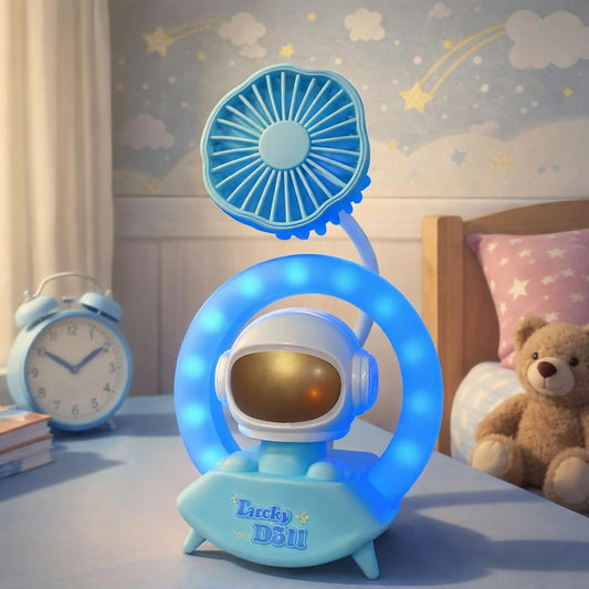 Blue Astronaut Desk Fan with LED Ring Light USB Table Lamp