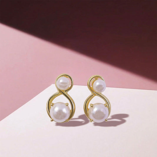 Elegant Korean pearl infinity stud earrings with gold finish