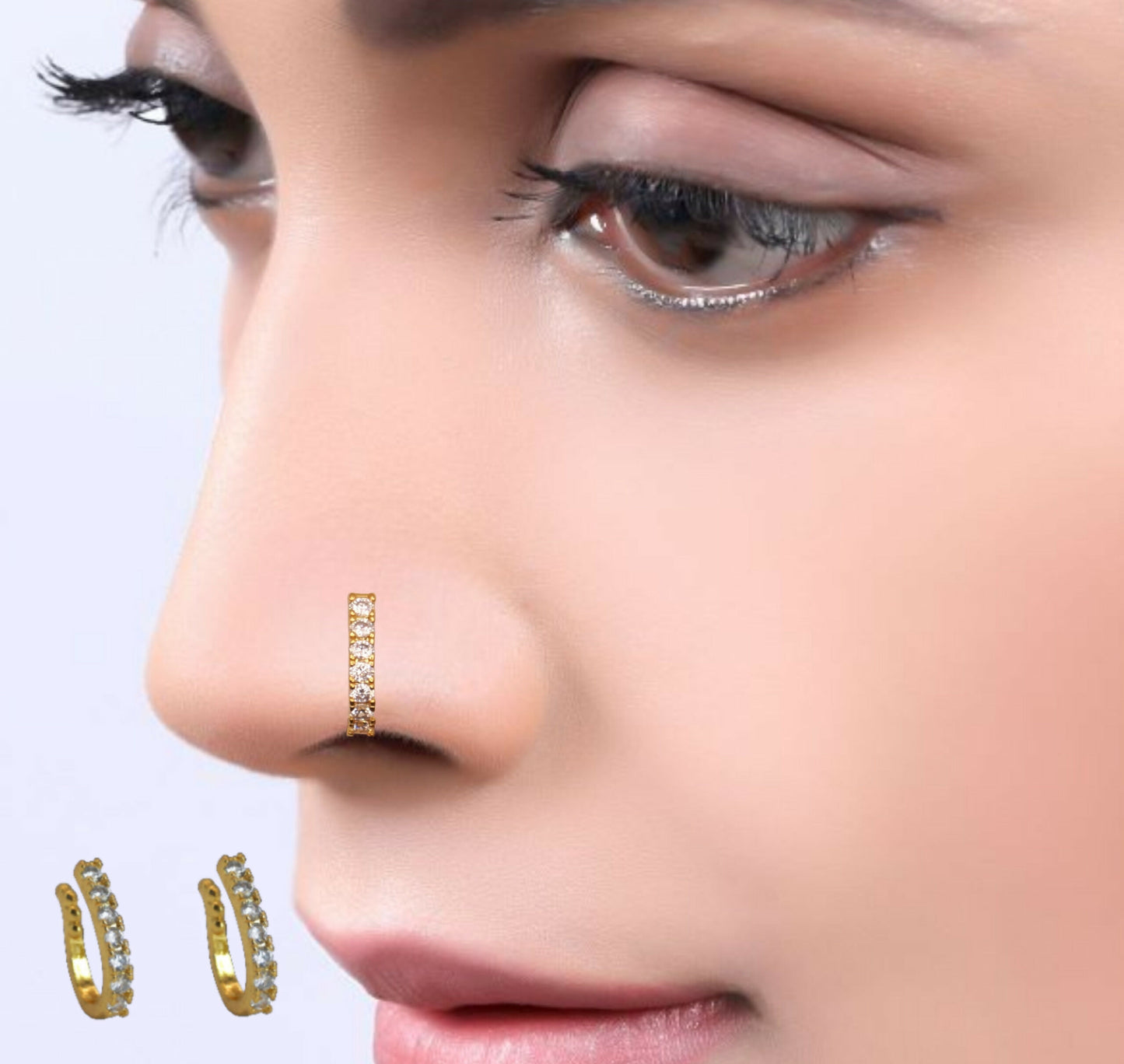 Gold-Plated CZ Lined Nose Ring Pair | Stylish Daily Wear Nosepins