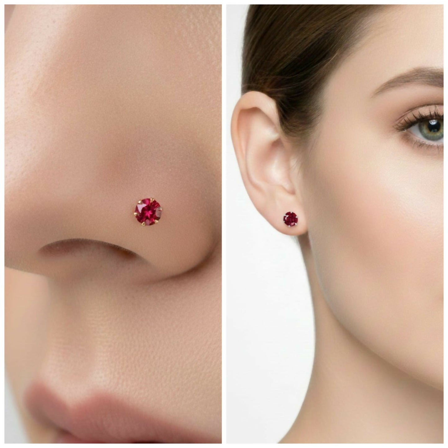 Combo pack of ruby nosepin studs in gold, silver and rose gold plating