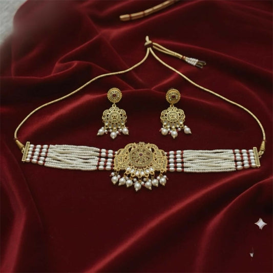 Premium Gold Pearl Traditional Necklace With Earrings.