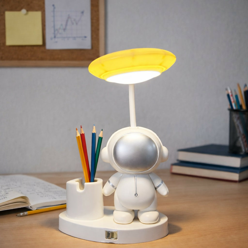 Yellow Astronaut LED Desk Lamp with Pen Holder for Study Table, Kids Room & Bedside