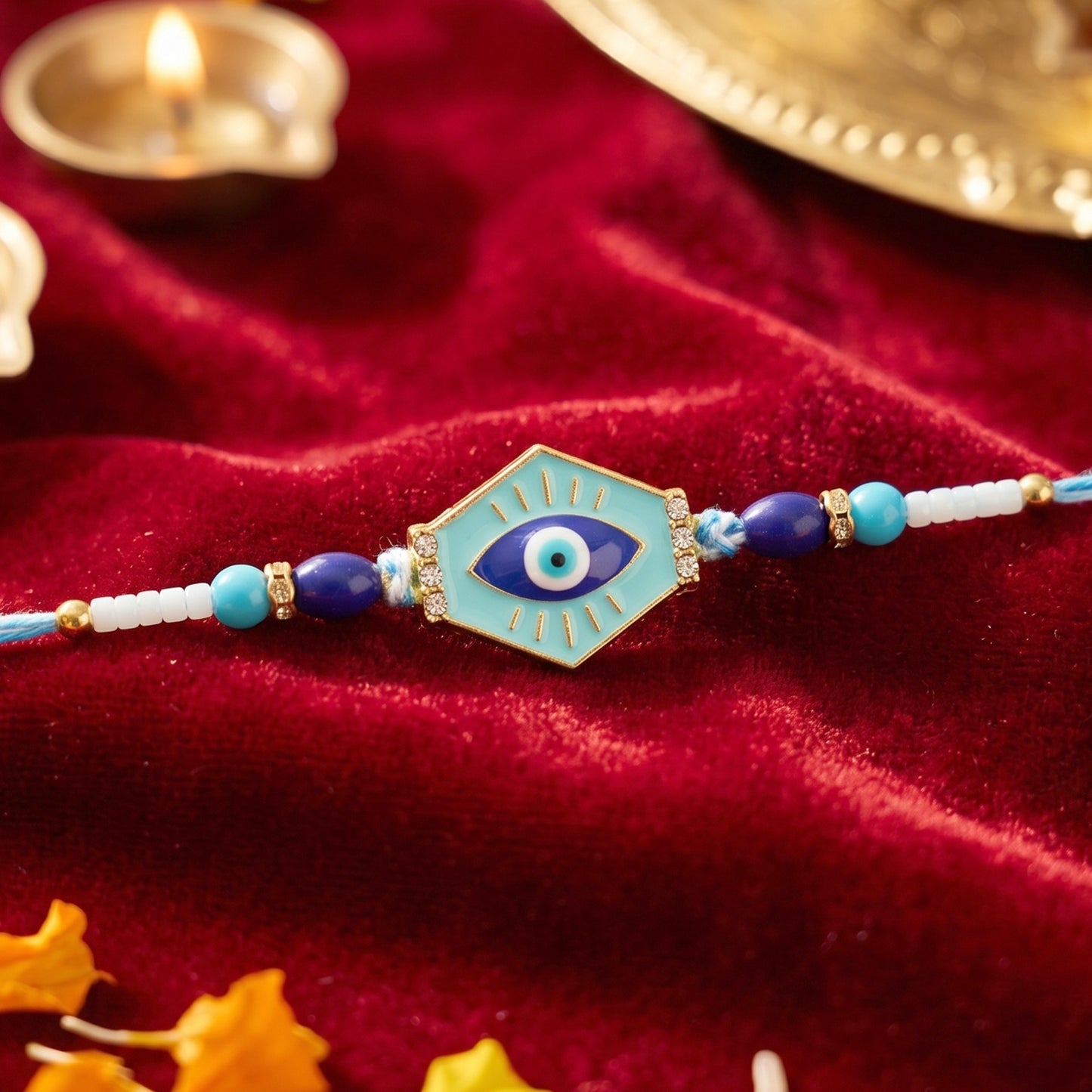 Traditional Rakhi with turquoise evil eye hexagon design
