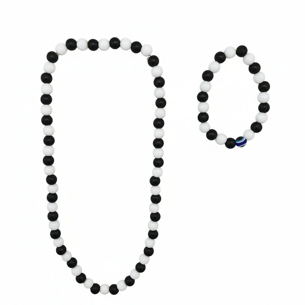 Black & White Beads Necklace & Evil Eye Bracelet Combo
