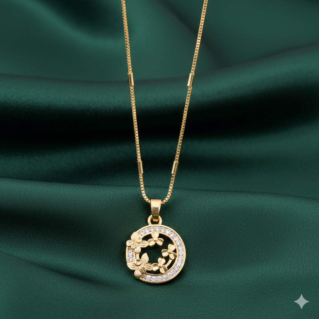 Gold-Plated AD Floral Circle Pendant Necklace For women and girls