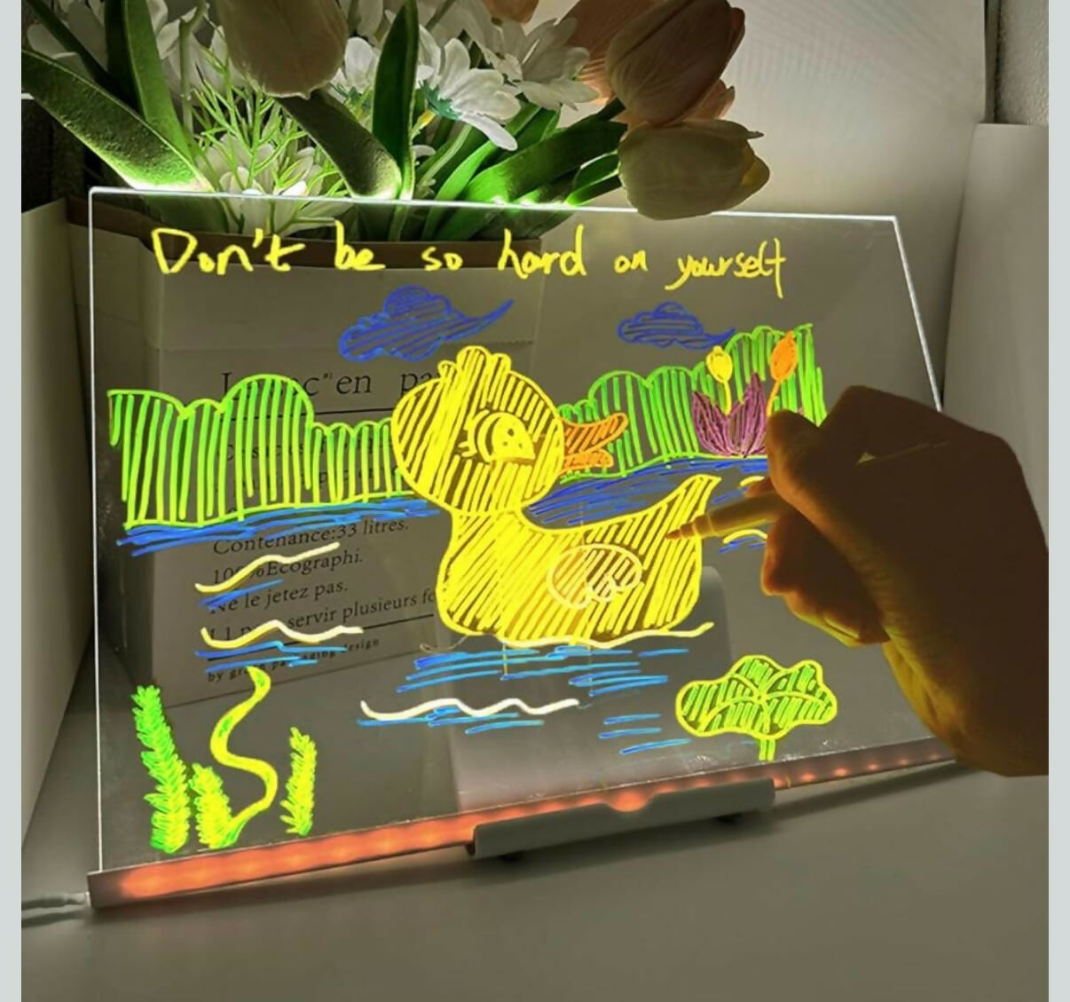 LED Message Writing Board 12x8 Inch with 7 Neon Color Markers, USB Powered Light Up Drawing Pad with Large Erasable Acrylic Surface for Kids, Party Decoration, Café Menu Display & Home Décor
