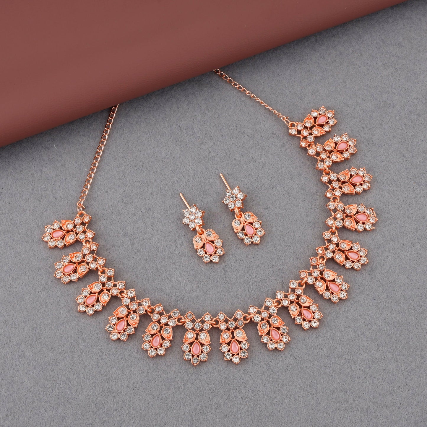 Rose Gold-Toned & Pink Petal Floral Jewellery Set