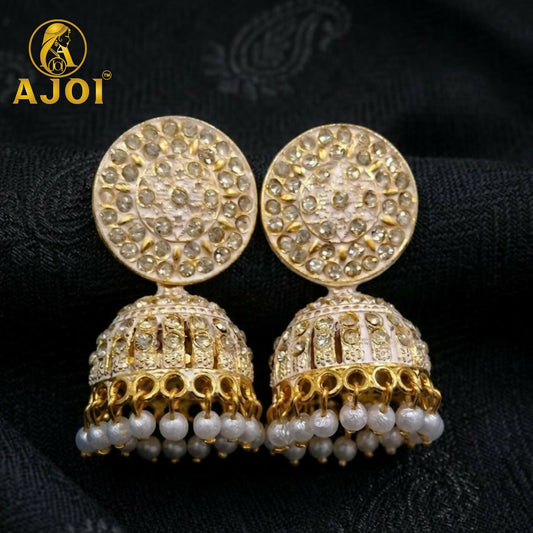 Elegant Gold Plated Kundan Jhumka Earrings with Pearl Drop Design