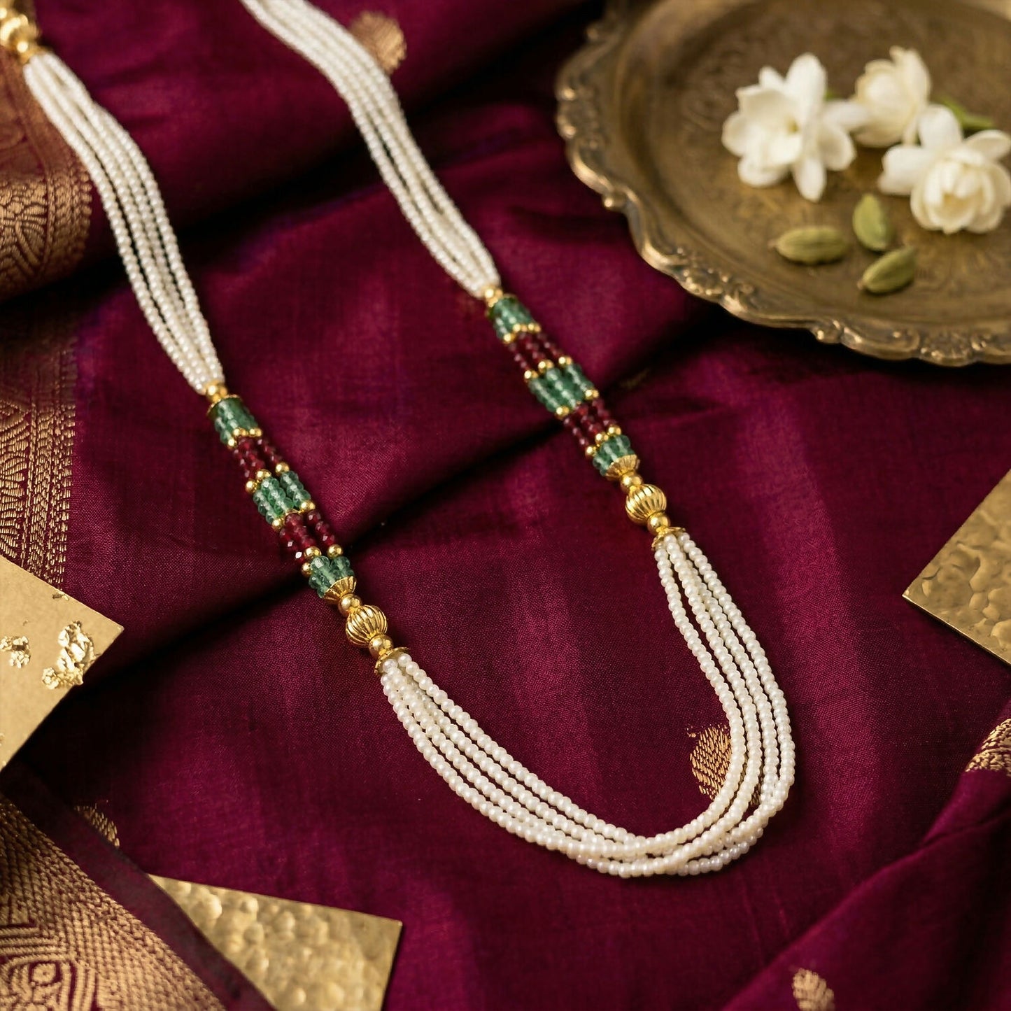 Elegant White Beaded Mala with Red & Green Traditional Design for Women