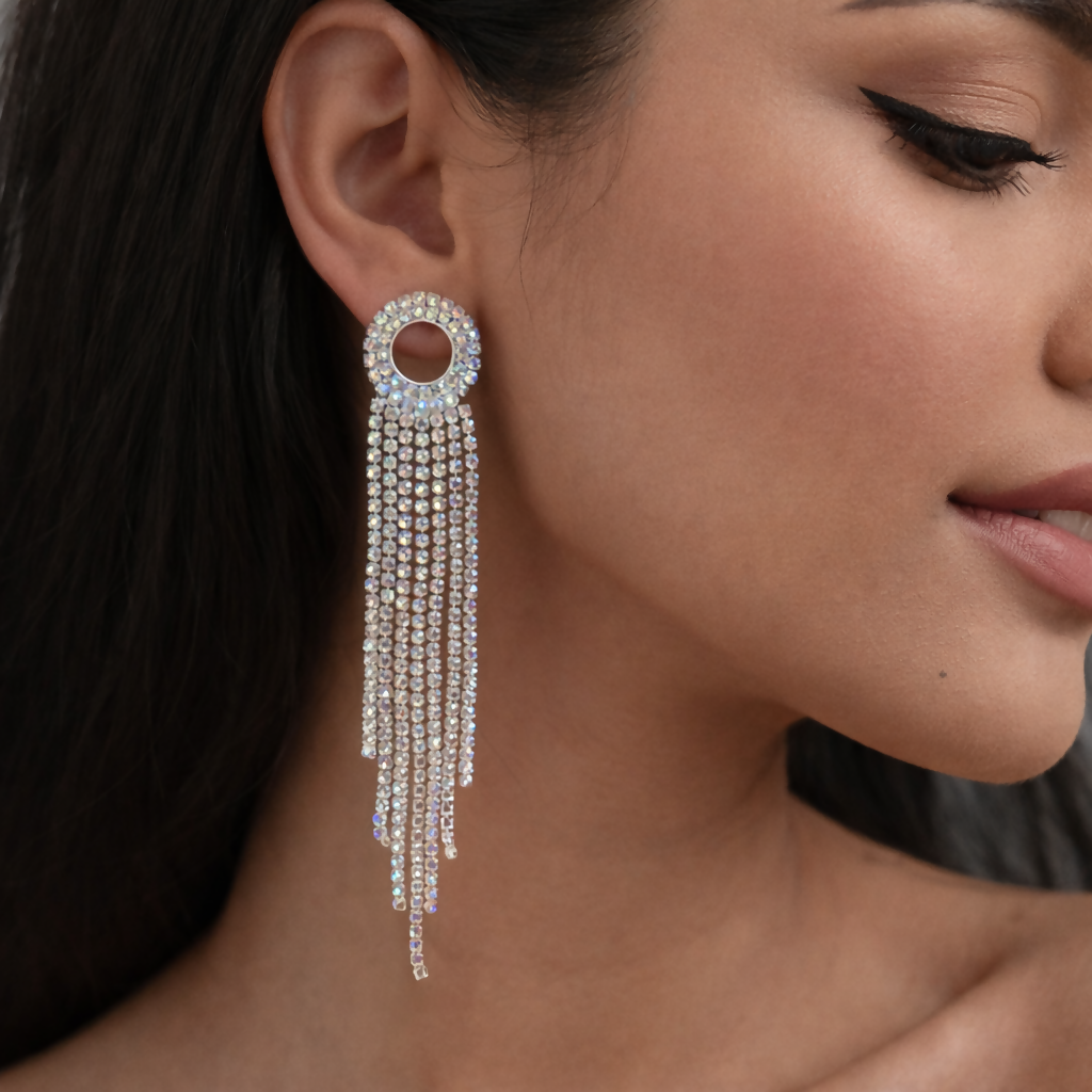 Side view of lightweight long earrings with high-shine rhinestones and crystal tassels