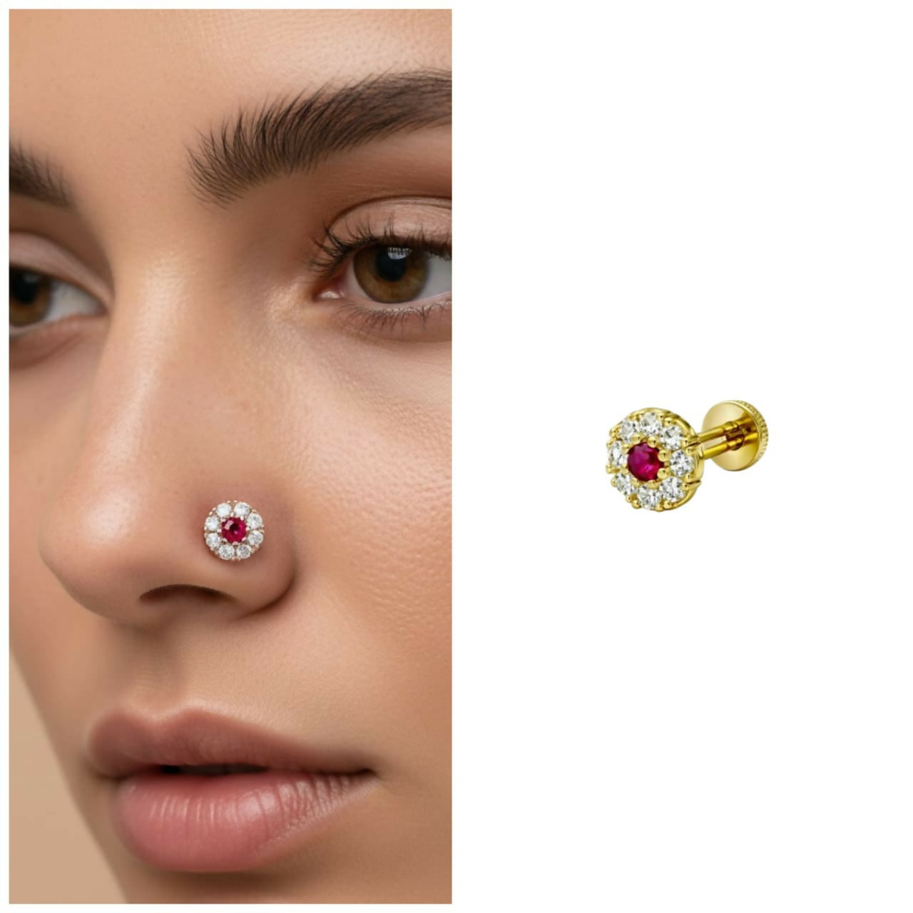 Ruby & AD Floral Gold plated Flat Back Nose Pin stud for women and girls
