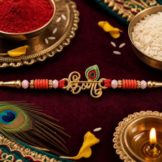 Krishna Naam Devnagari Peacock Feather Rakhi – Traditional Brother Gift