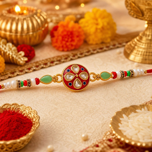 A red, gold, and white Kundan enamel floral pearl bead design is centered on a red string, surrounded by festive decor.