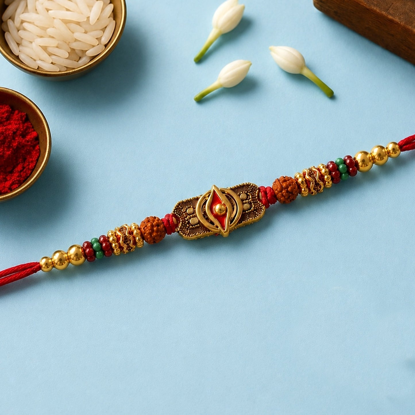 Close-up of an elegant Rudraksha Rakhi with antique oxidized detailing on a festive background.