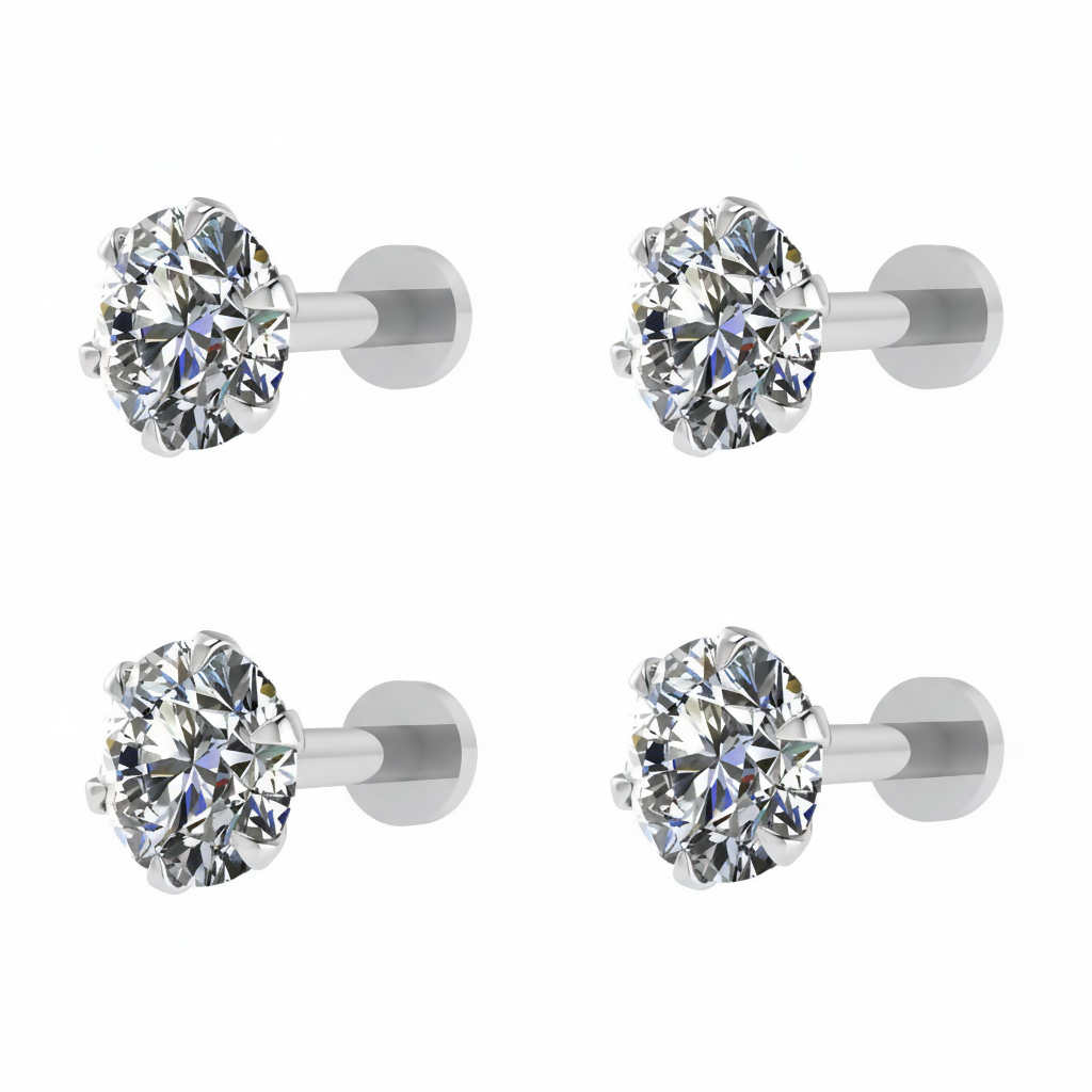 Four silver plated internal thread nosepin studs displayed together