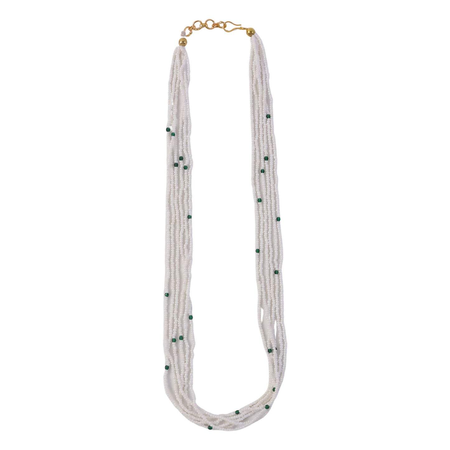 Side view showcasing layered pearl necklace design