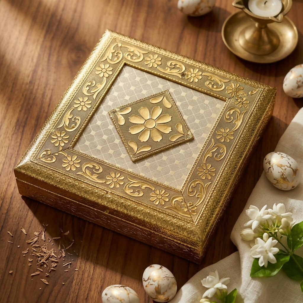 Full view of golden floral embossed metal jewelry box