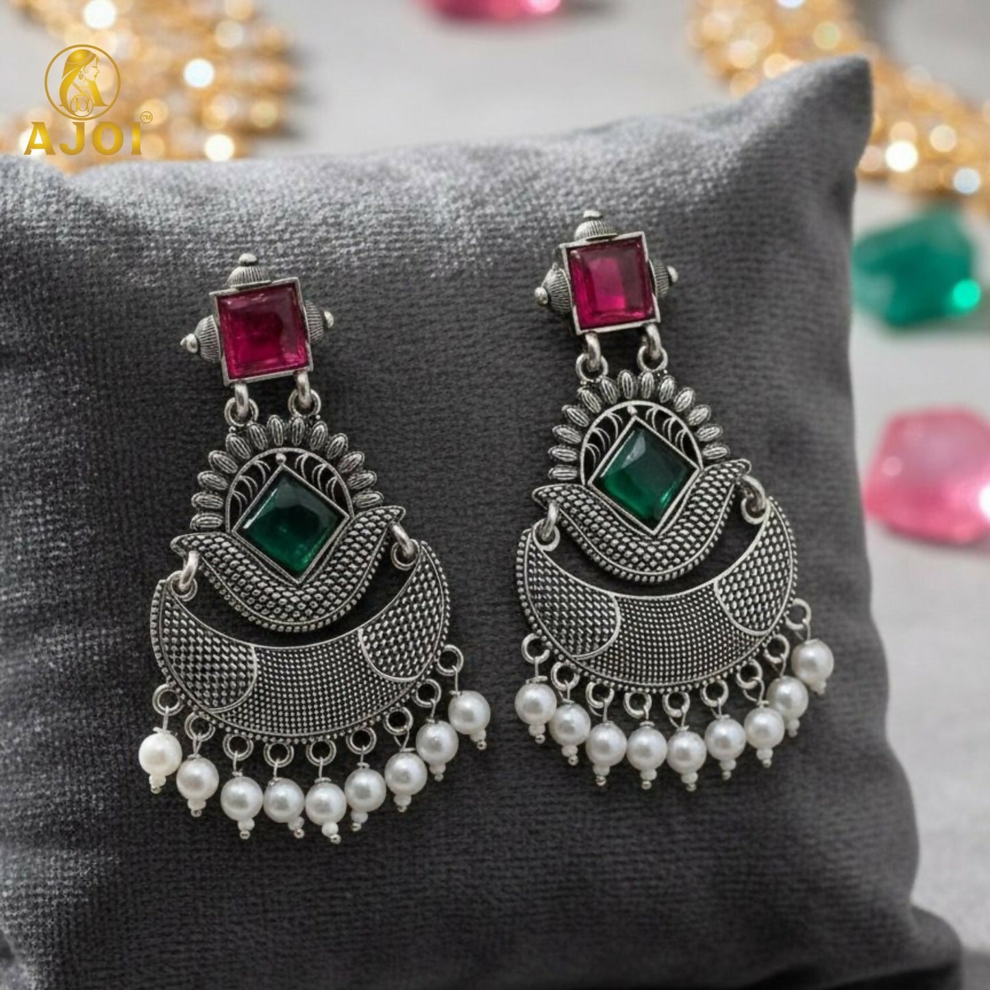 Antique Silver-Finish Chandbali Earrings with Green & Ruby-Tone Stones and Pearl Drops