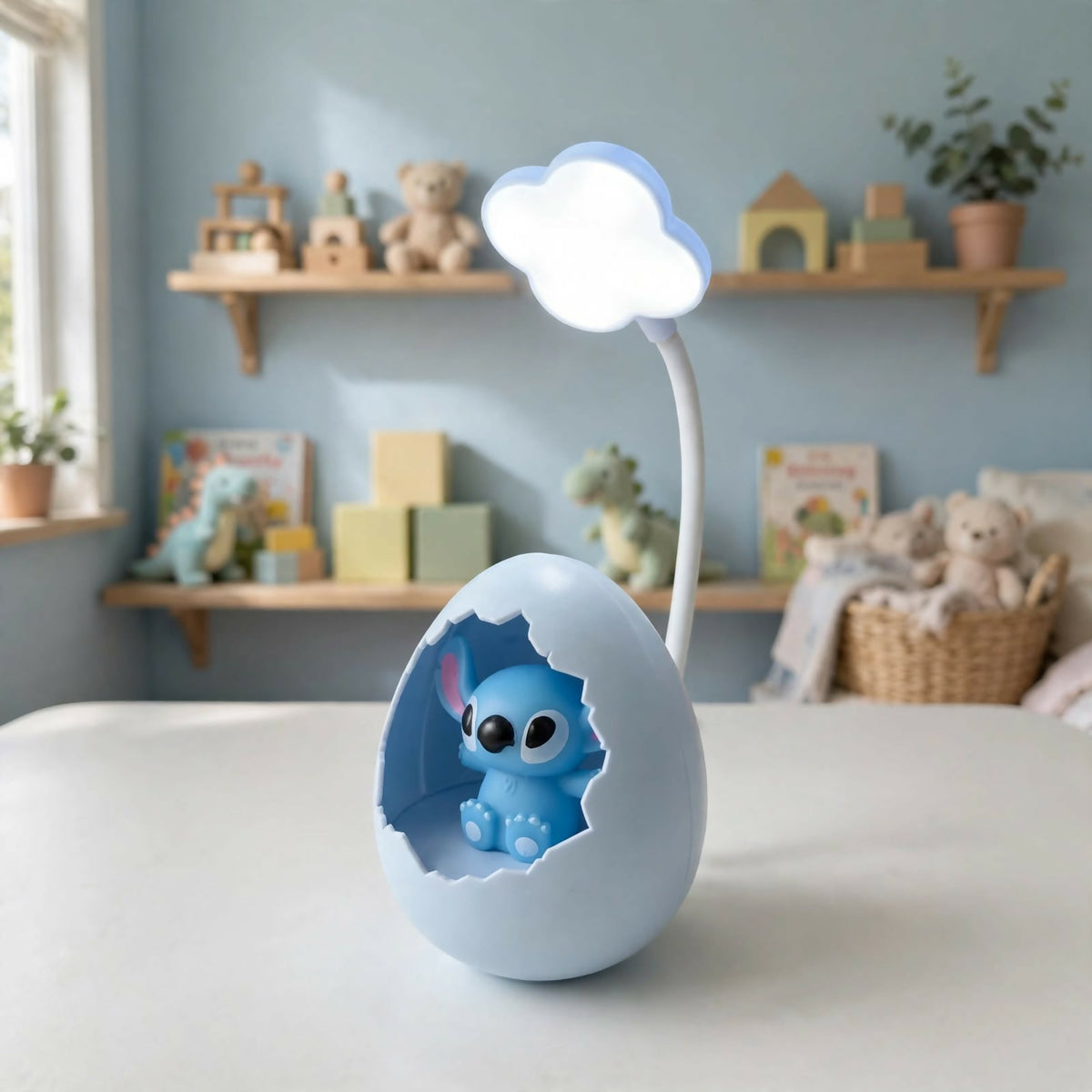 A light blue cracked egg lamp with a Stitch figure inside and a glowing cloud light on a flexible arm, set in a child's room.