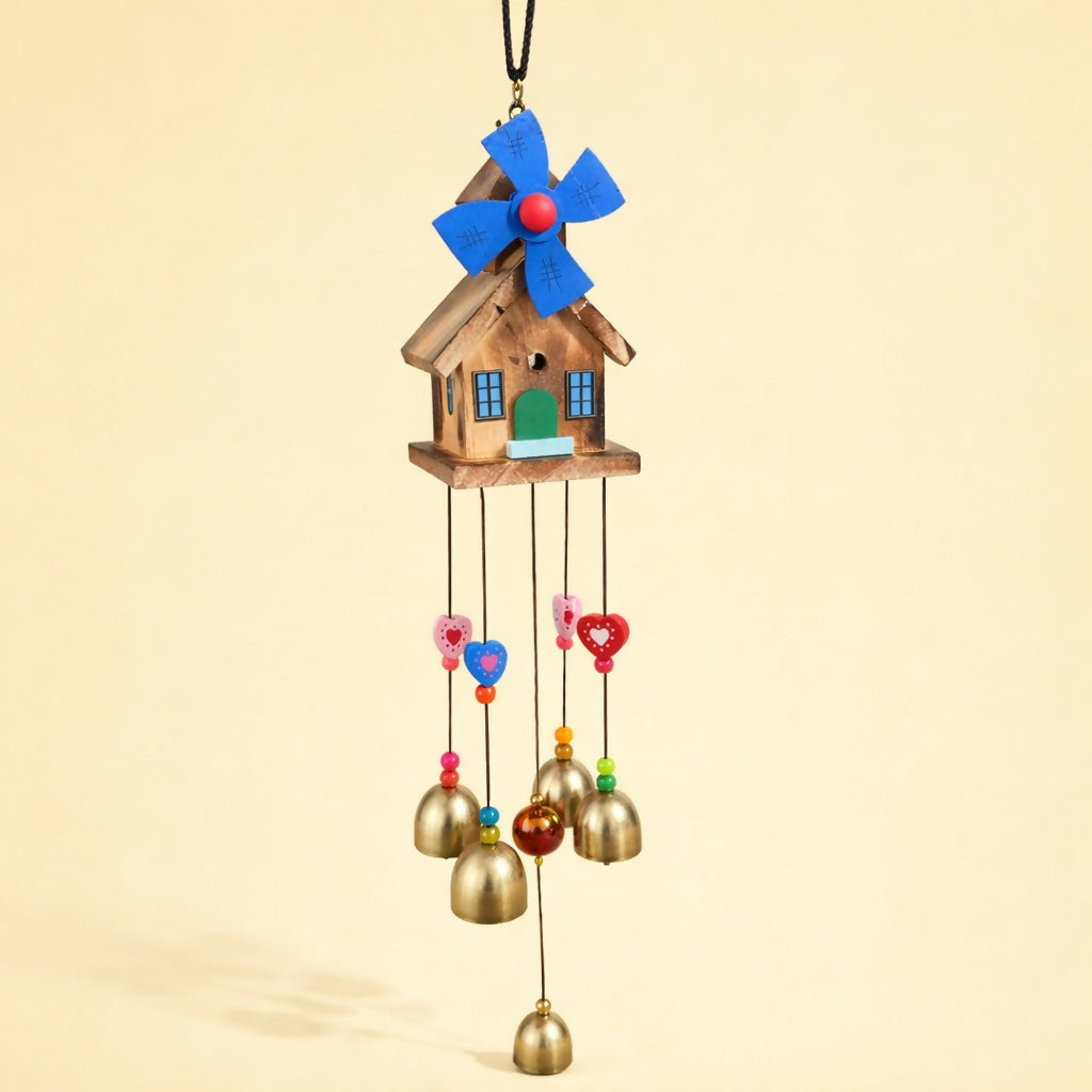 Wooden House Wind Chime with Hanging Bells for Balcony, Garden & Home Decor