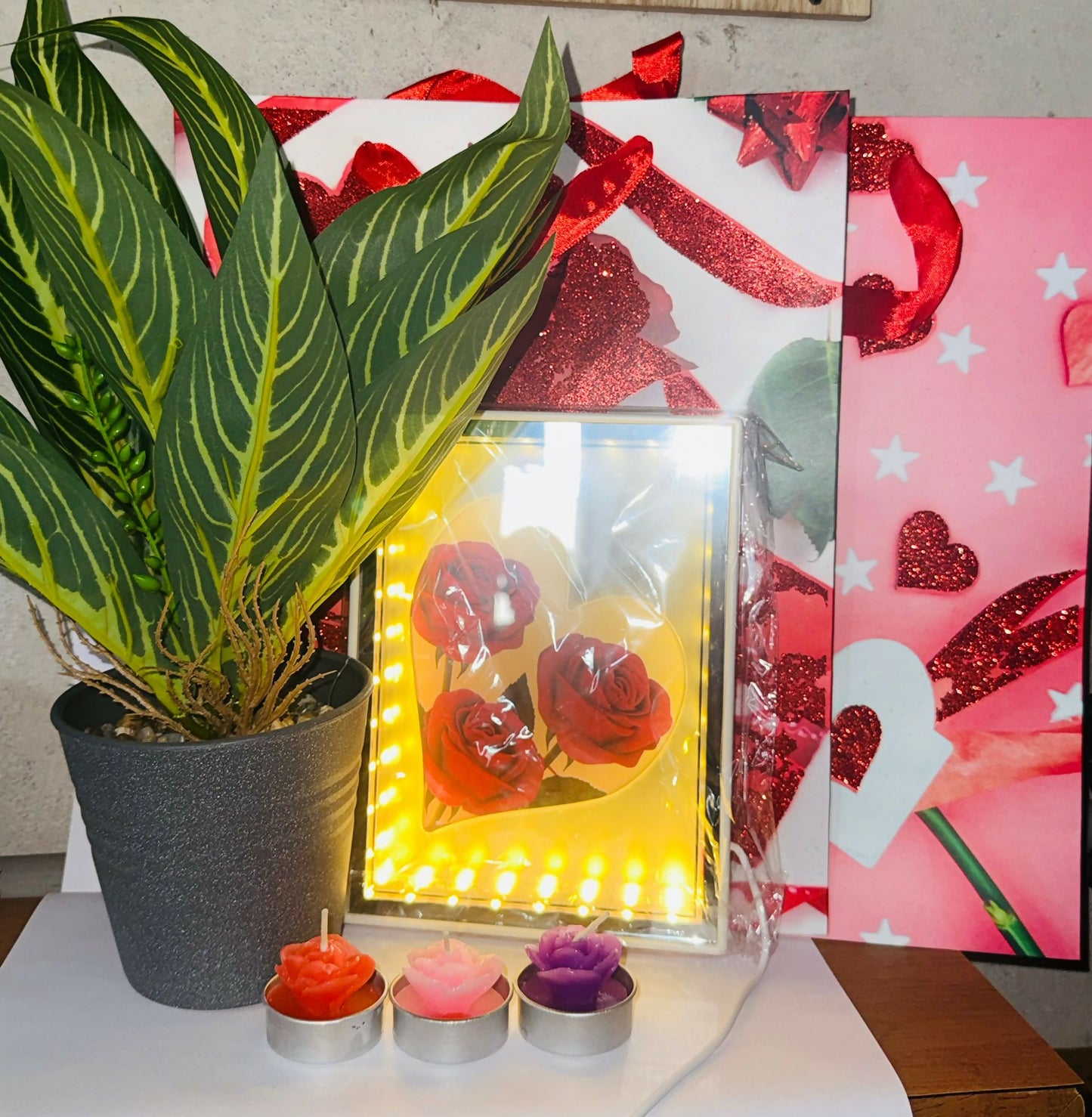 Romantic Home Decor & Gifting Combo Set – Artificial Bonsai Plant, 4 Rose Candles, 2 Designer Gift Bags & 1 LED Rose Photo Frame | Perfect Gift for Birthday, Anniversary, Valentine’s Day & Home Decoration