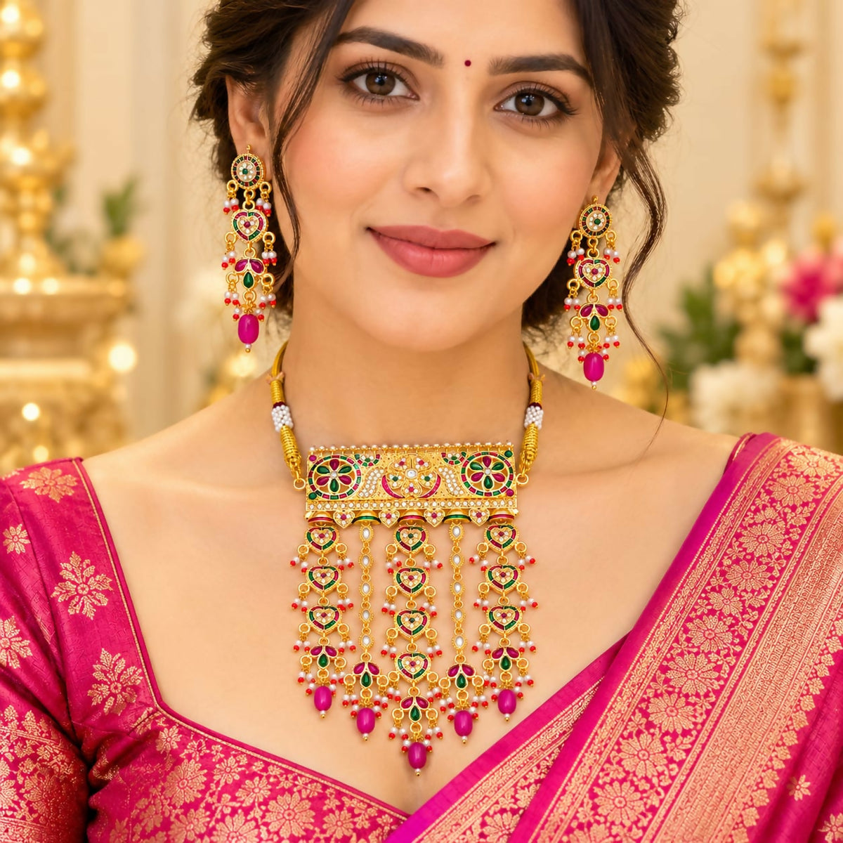 A woman models a golden-tone choker necklace and matching earrings with heart-shaped drops, looking directly at the camera.