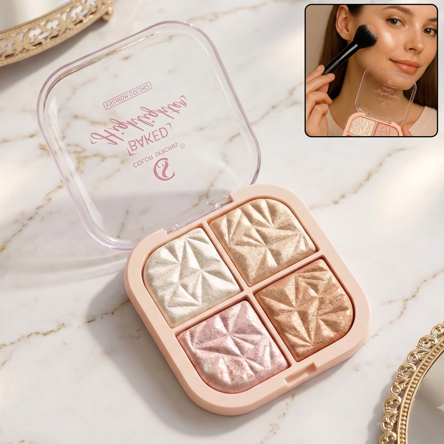 4 in 1 Baked Highlighter and Blusher Palette Shimmer Glow Makeup for Face (1 Pc)