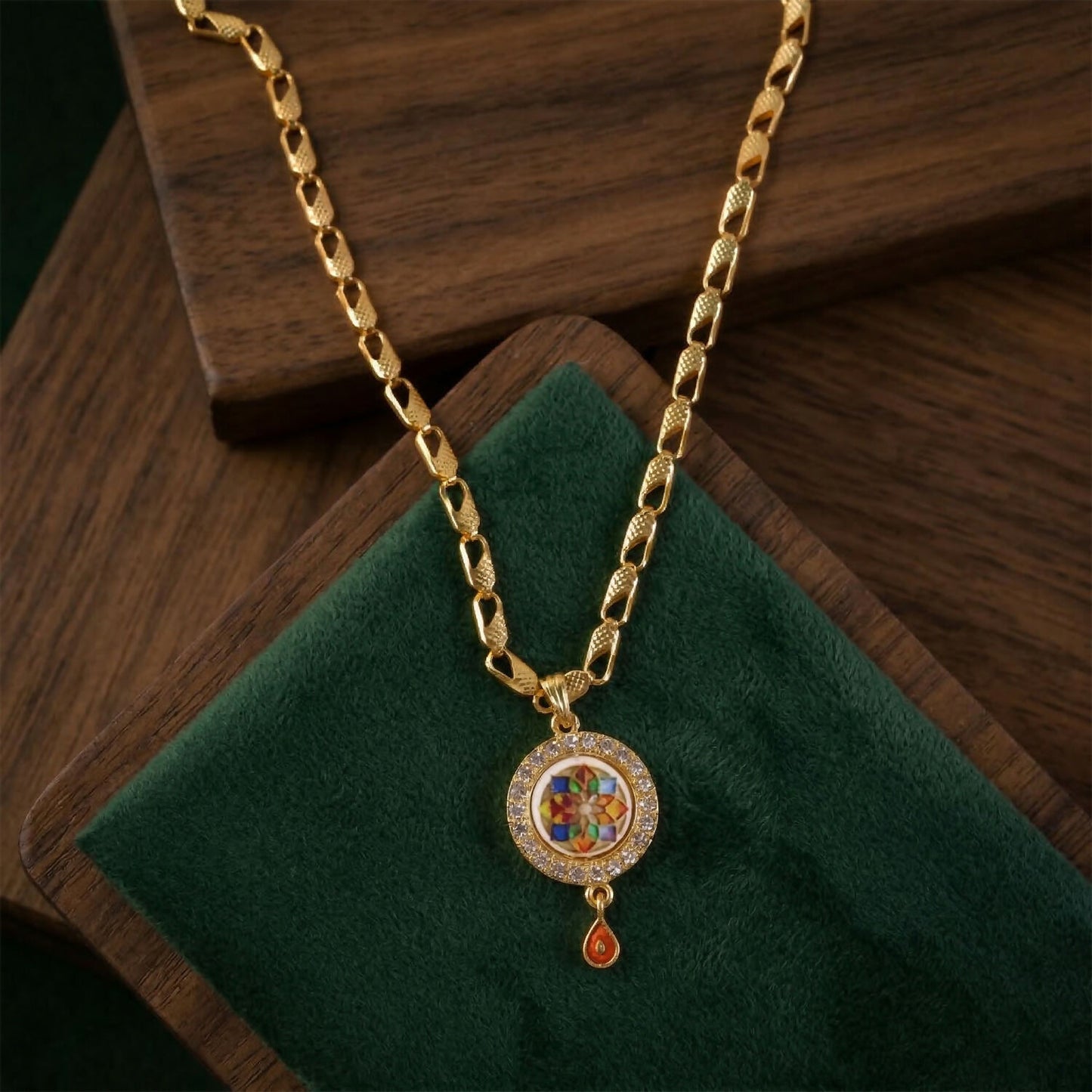 Designer Gold Pendant Necklace with Colorful Stone Mandala