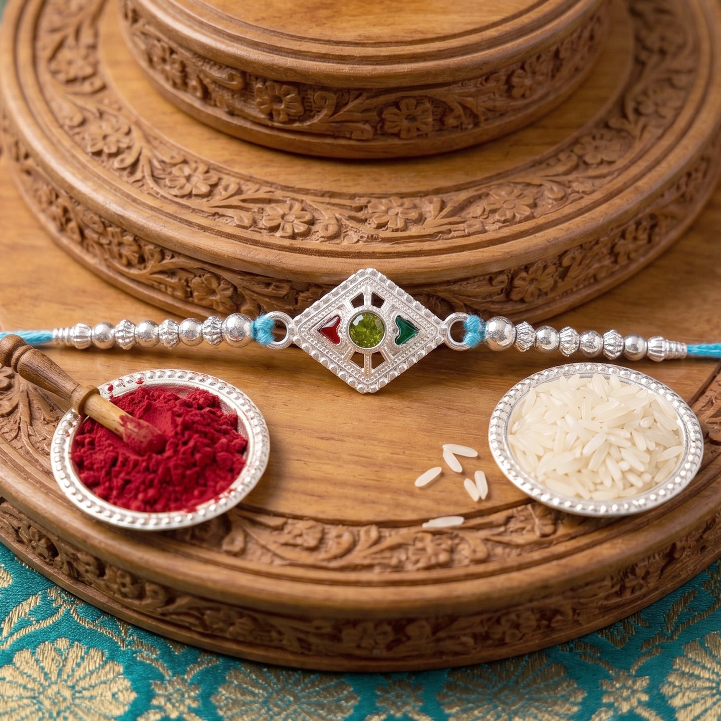 Silver Diamond Kundan Rakhi with Green Stone and Blue Beads