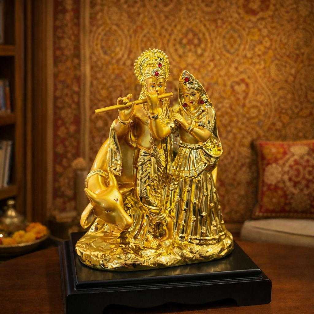 Radha Krishna with Cow Golden Finish Idol Statue for Home Temple Decor