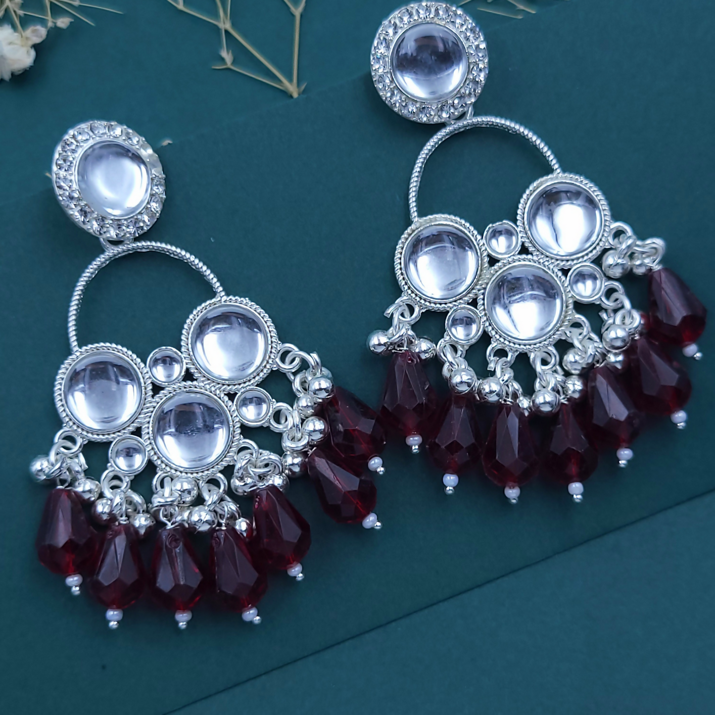 Kundan Maroon Pearl Silver Plated Chandbali Earrings Agate Alloy Chandbali Earring