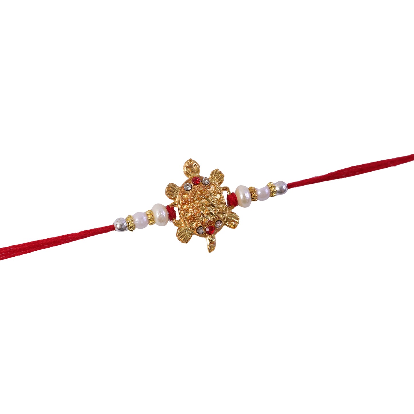 Gold Turtle Charm Rakhi with Pearl Sides and Red Mauli Thread