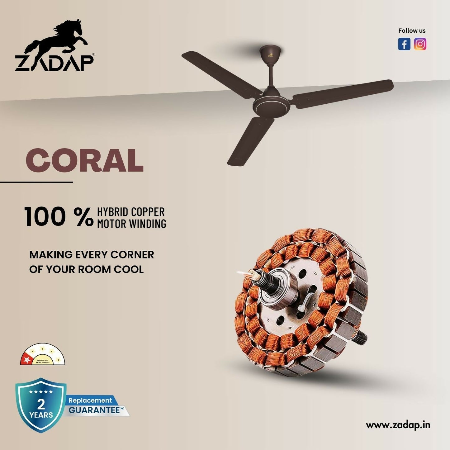 ZADAP Coral fan rotating smoothly with double ball bearing motor
